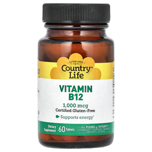 Country Life Vitamin B12 Supplement, 1,000 mcg, 60 Tablets, Gluten-Free, Vegan - Image 1