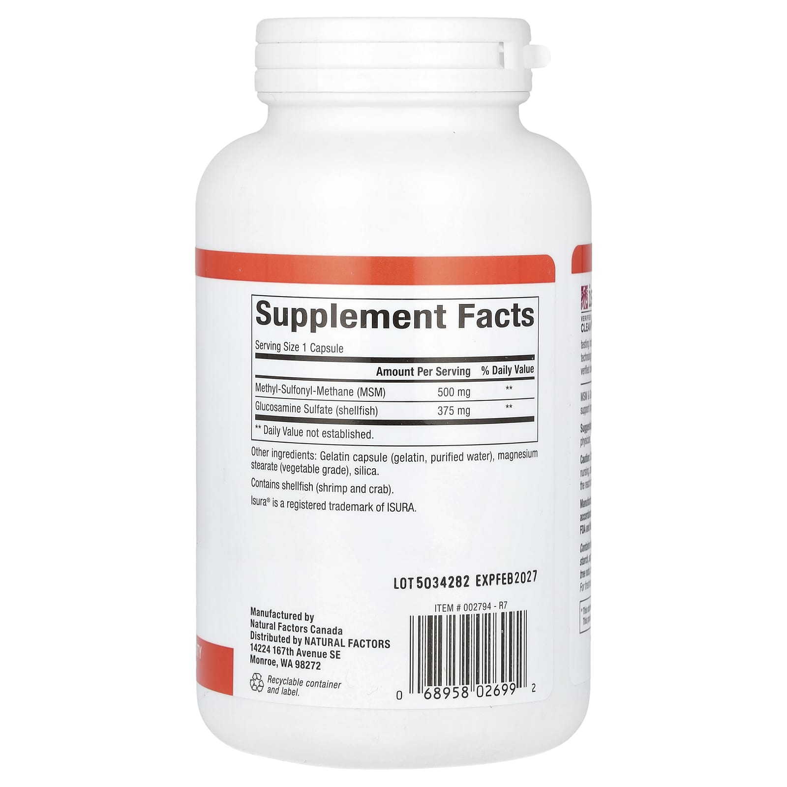 Natural Factors, MSM & Glucosamine Sulfate, 180 Capsules - Image 2
