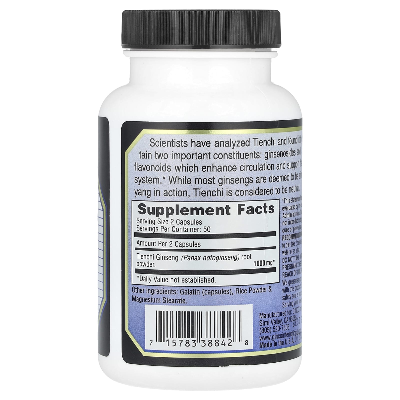 Tienchi Ginseng Supplement for Circulation and Immune Support (500mg, 100 Capsules) - Image 2