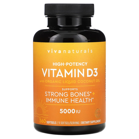 Viva Naturals, Vitamin D3 with Organic Liquid Coconut Oil, High-Potency, 5,000 IU, 360 Softgels - Image 1