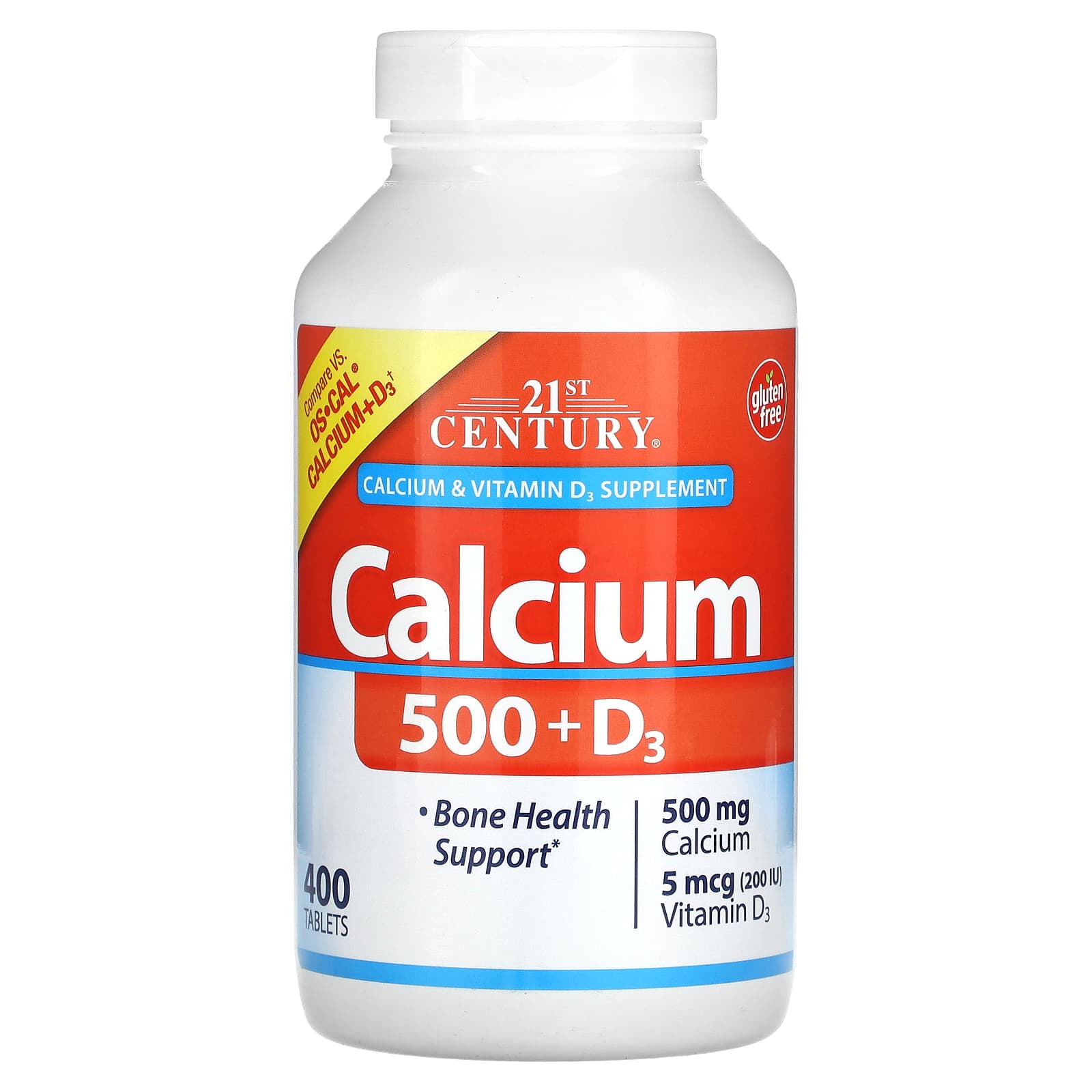 Calcium 500 + D3 Supplement for Strong Bones - 400 Tablets by 21st Century - Image 1