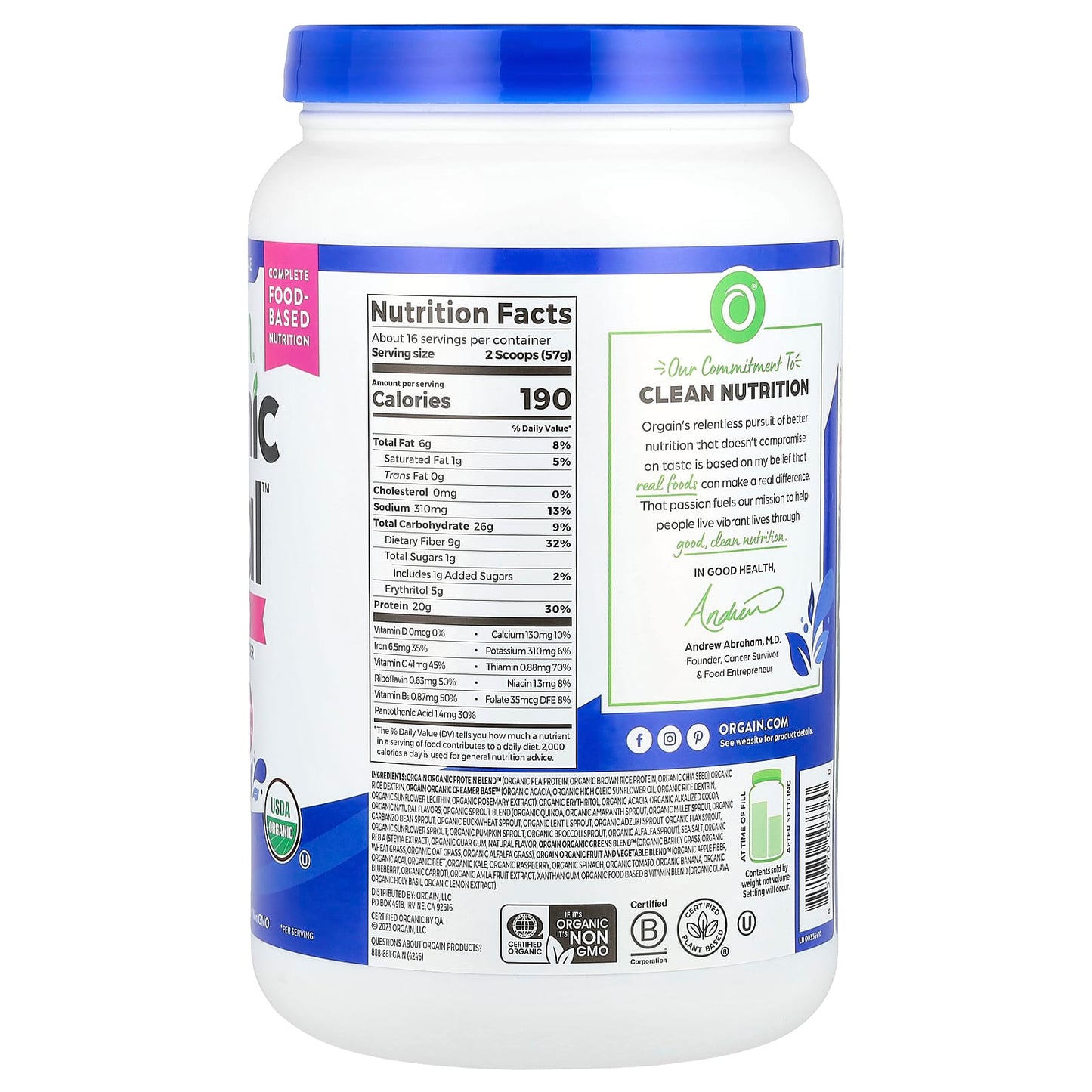 Orgain, Organic Meal™, On-The-Go, Nutrition Plant-Based Shake Powder, Creamy Chocolate Fudge, 2.01 lb (912 g) - Image 2
