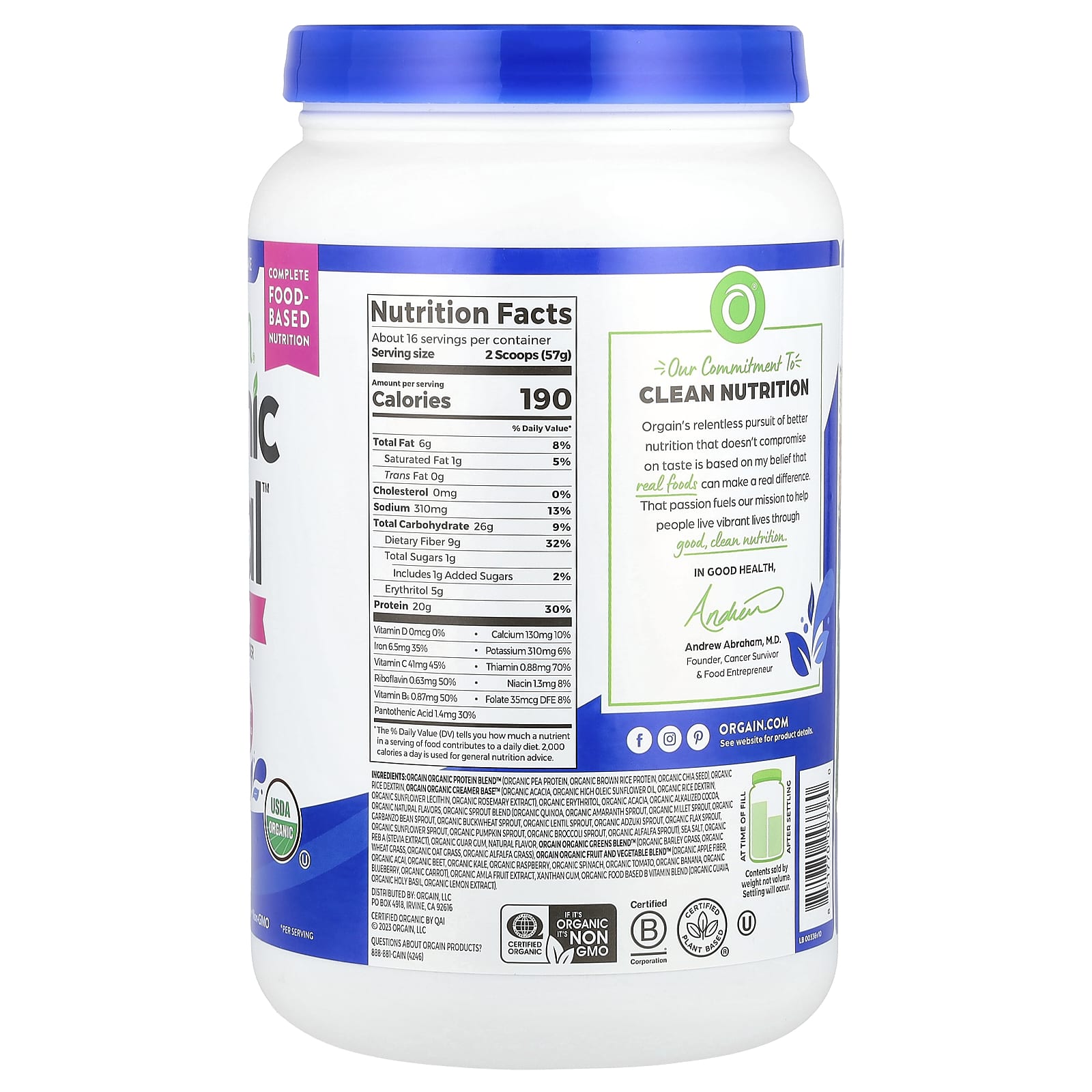 Orgain, Organic Meal™, On-The-Go, Nutrition Plant-Based Shake Powder, Creamy Chocolate Fudge, 2.01 lb (912 g) - Image 2