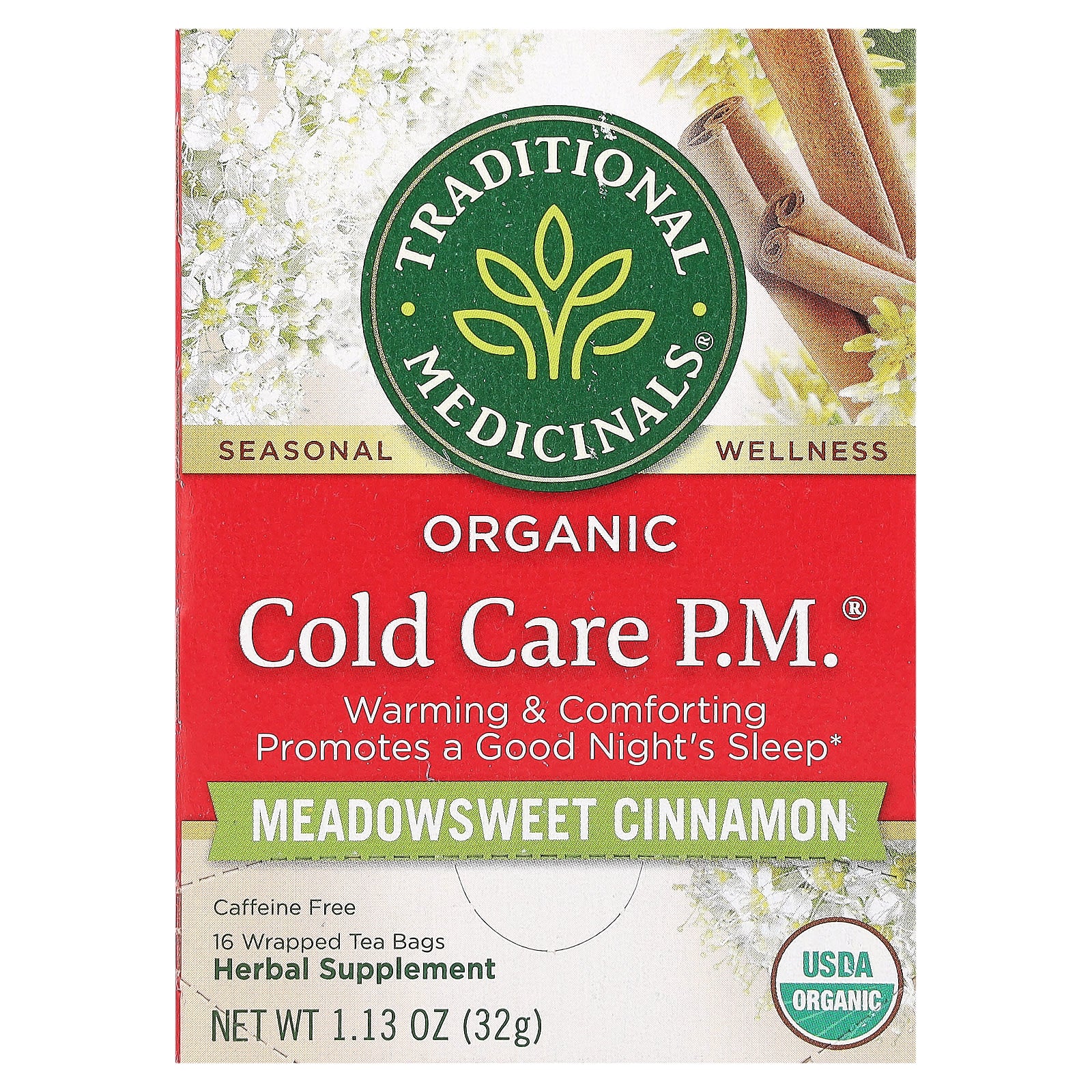 Traditional Medicinals, Organic Cold Care PM, Meadowsweet Cinnamon, Caffeine Free, 16 Wrapped Tea Bags, 1.13 oz (32 g) - Image 1
