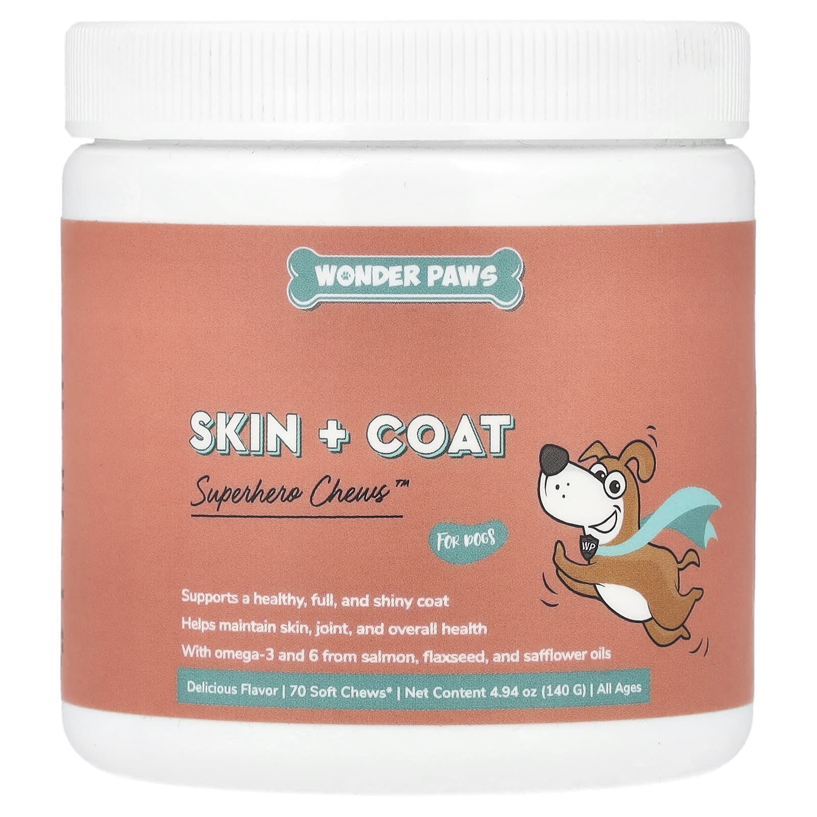 Wonder Paws, Superhero Chews™ For Dogs, Skin + Coat, All Ages, 70 Soft Chews, 4.94 oz (140 g)