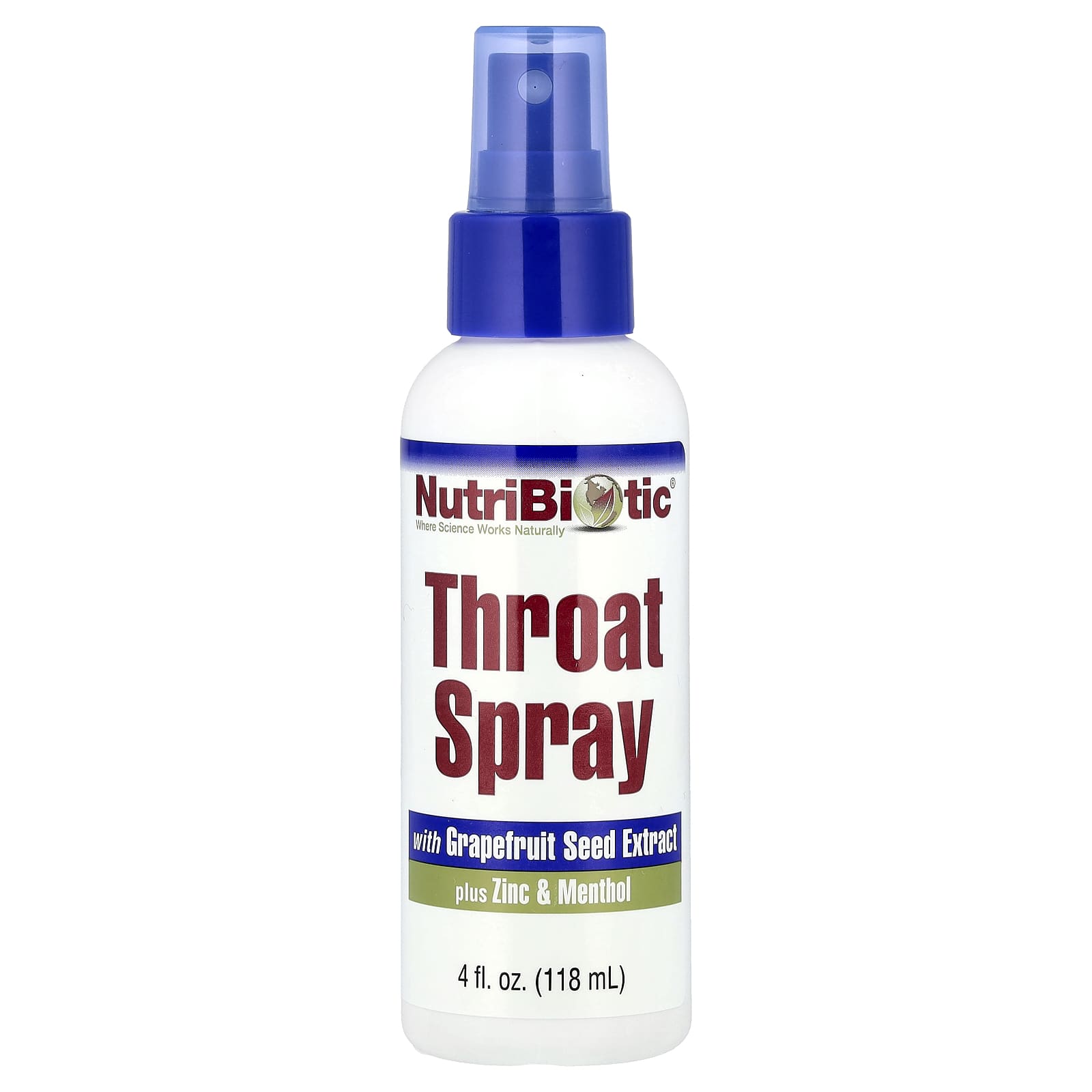 NutriBiotic, Throat Spray with Grapefruit Seed Extract plus Zinc & Menthol, 4 fl oz (118 ml) - Image 1