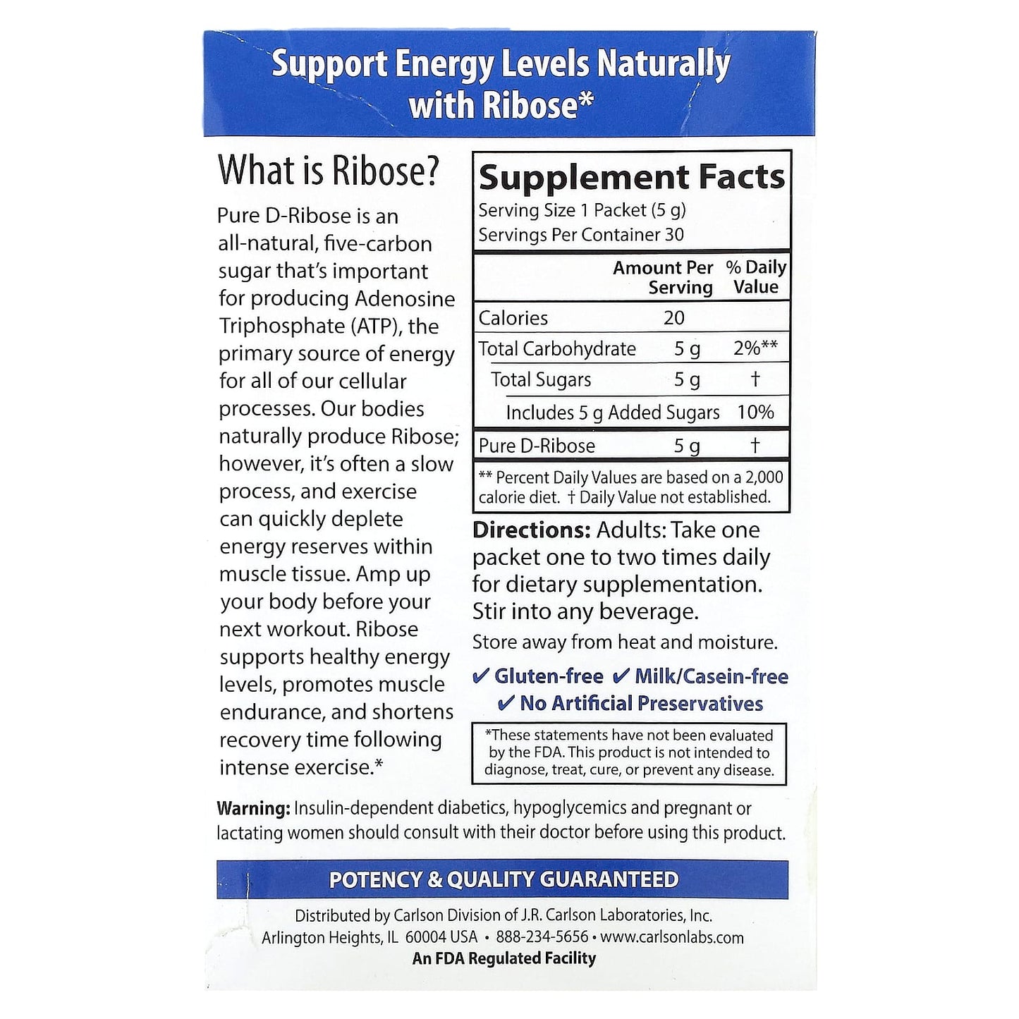 Carlson Pure D-Ribose for Energy & Muscle Recovery - 30 Single Serving Packets - Image 2