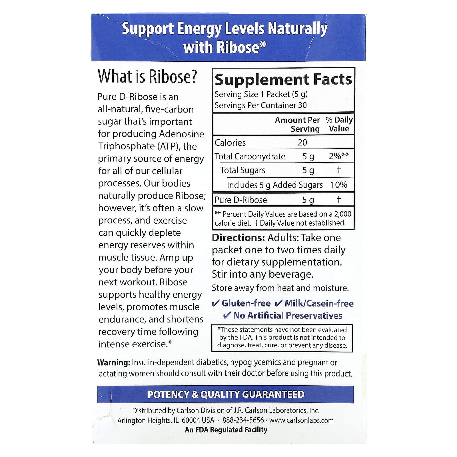 Carlson Pure D-Ribose for Energy & Muscle Recovery - 30 Single Serving Packets - Image 2