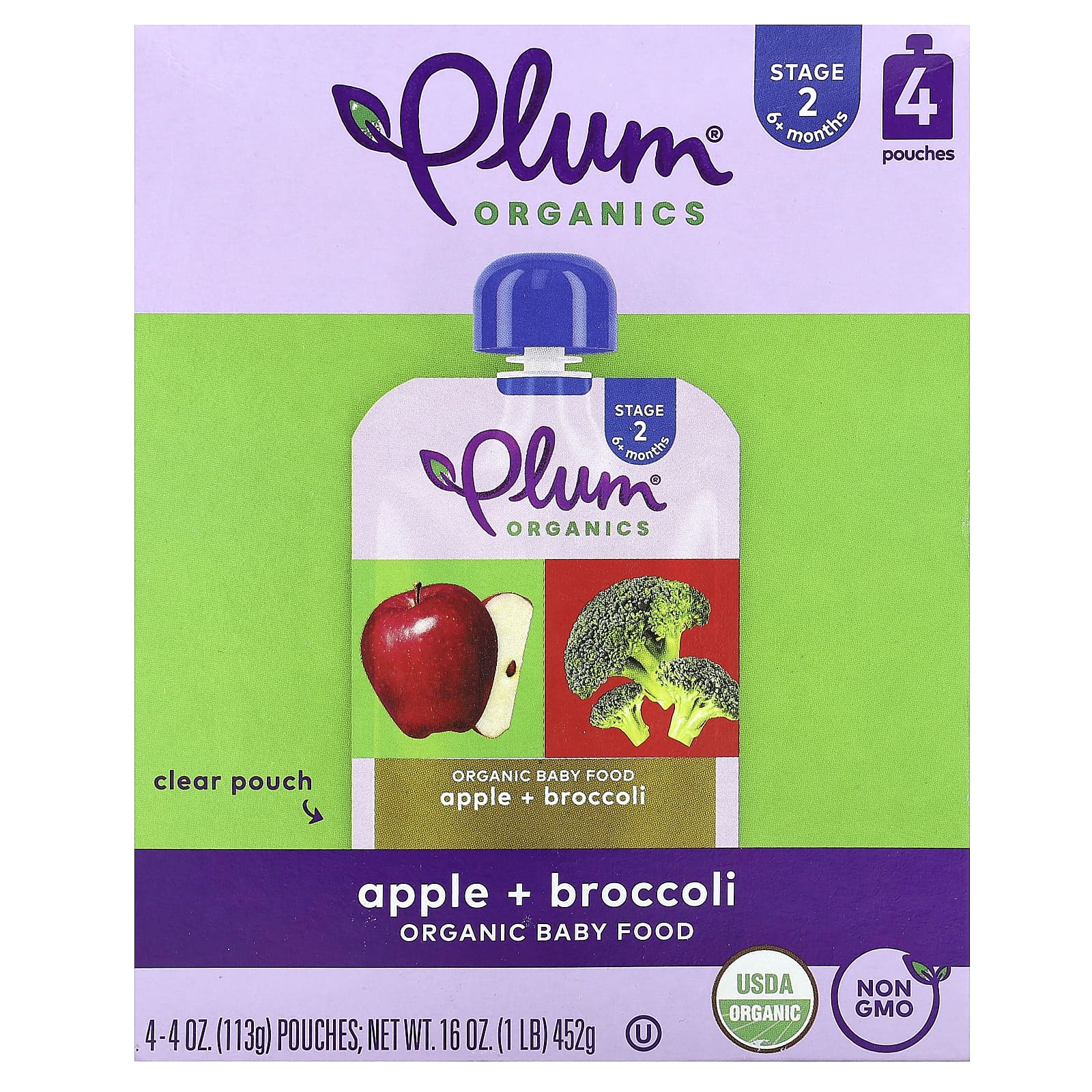Plum Organics, Organic Baby Food, 6+ Months, Apple + Broccoli, 4 Pouches, 4 oz (113 g) Each - Image 1