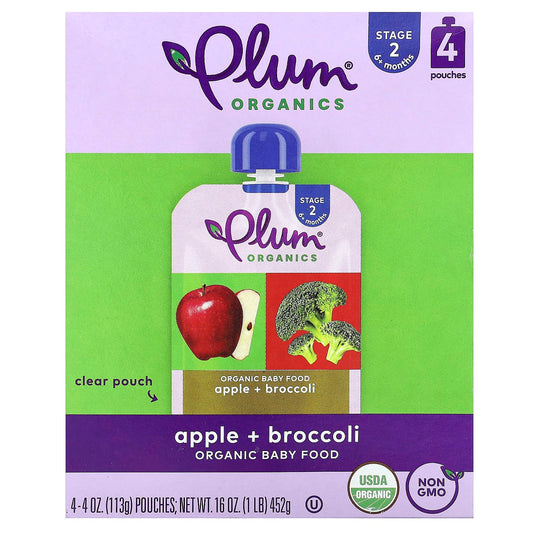 Plum Organics, Organic Baby Food, 6+ Months, Apple + Broccoli, 4 Pouches, 4 oz (113 g) Each - Image 1