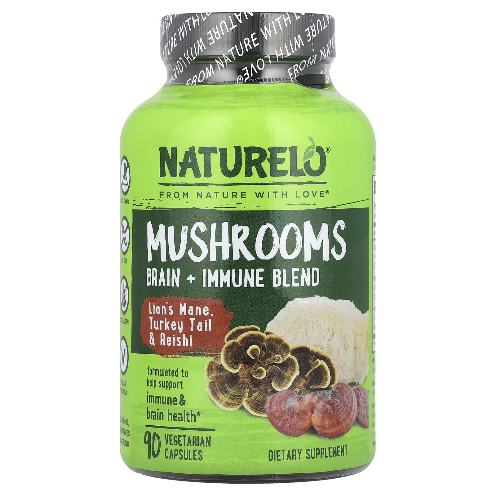 NATURELO, Mushrooms, Brain + Immune Blend, 90 Vegetarian Capsules - Image 1