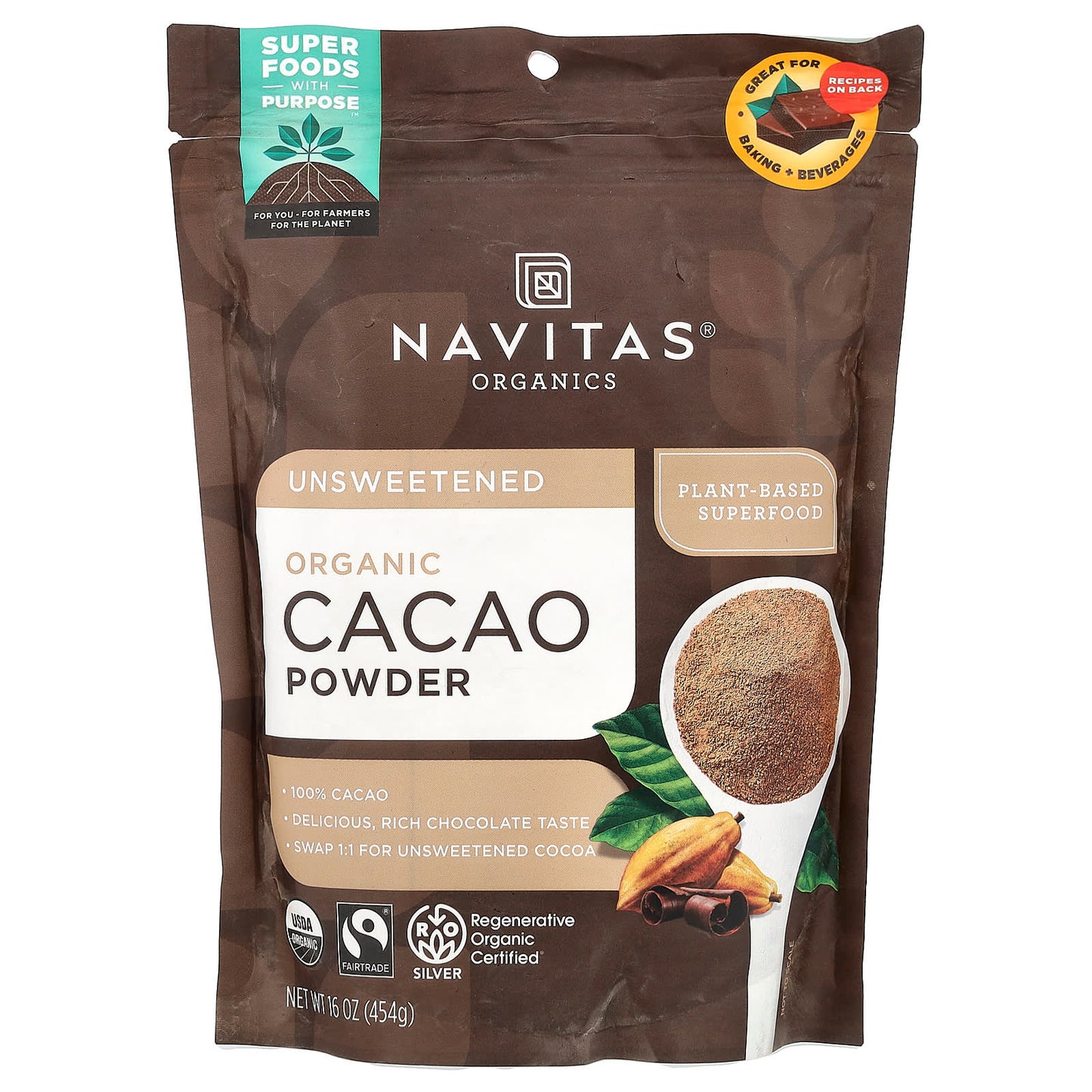 Navitas Organics, Organic Cacao Powder, Unsweetened, 16 oz (454 g) - Image 1