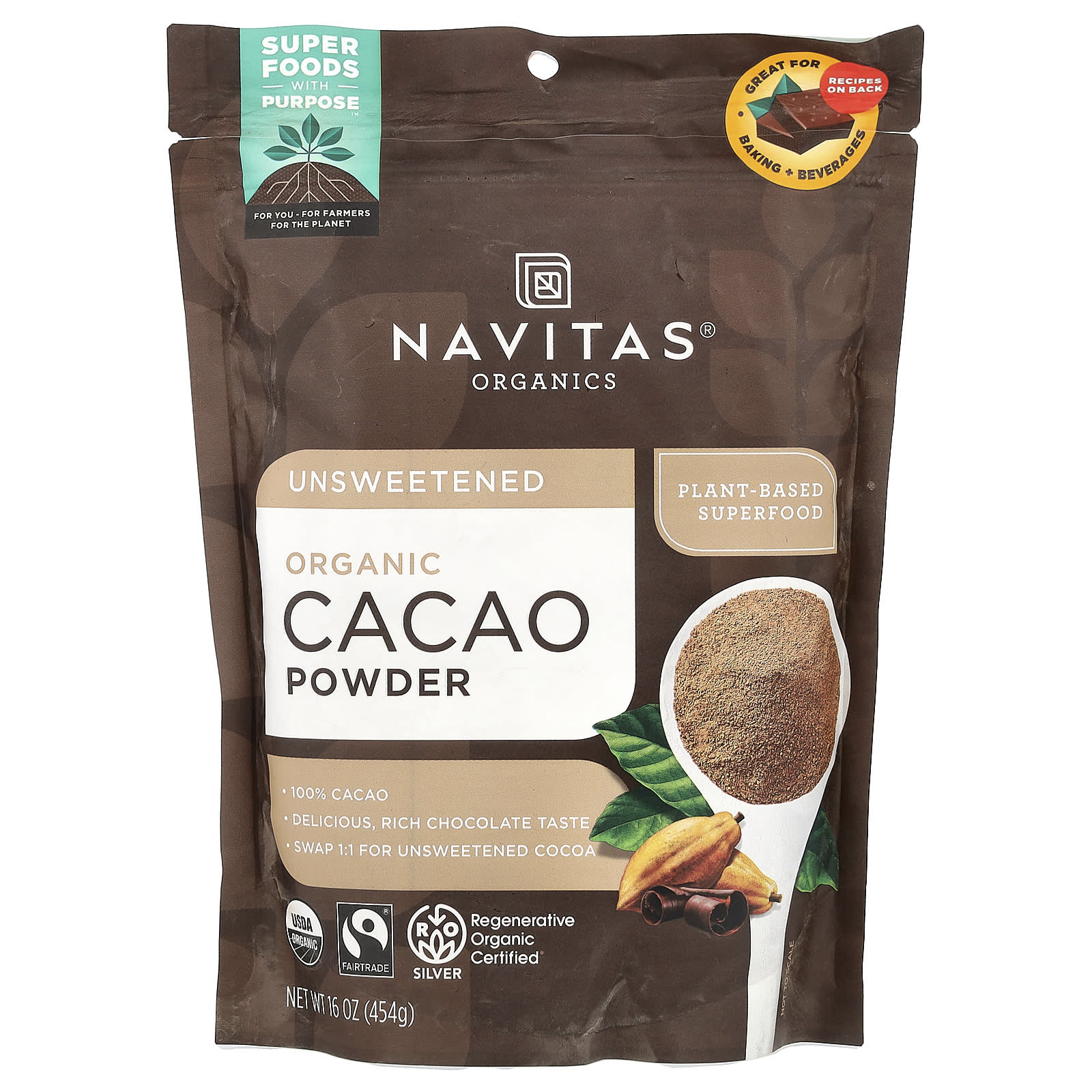 Navitas Organics, Organic Cacao Powder, Unsweetened, 16 oz (454 g) - Image 1