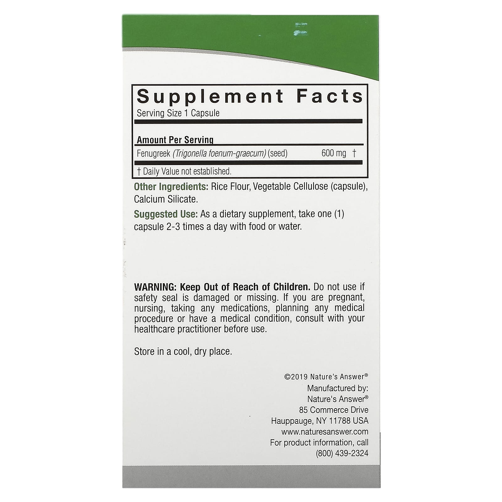 Nature's Answer, Fenugreek, 600 mg, 90 Vegetarian Capsules - Image 2