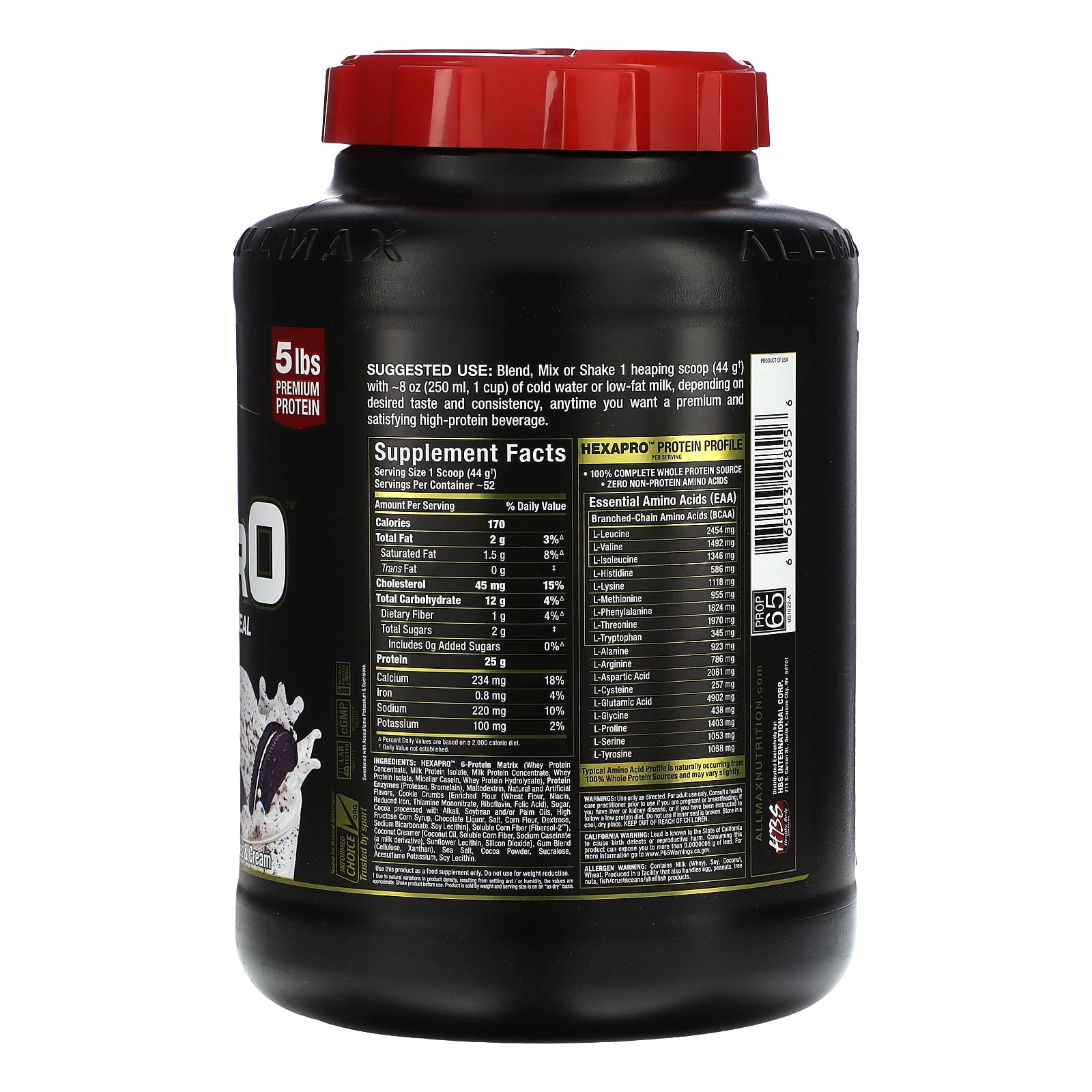ALLMAX Hexapro Protein Powder, Cookies & Cream, 5 lbs (2.27 kg) - Image 2