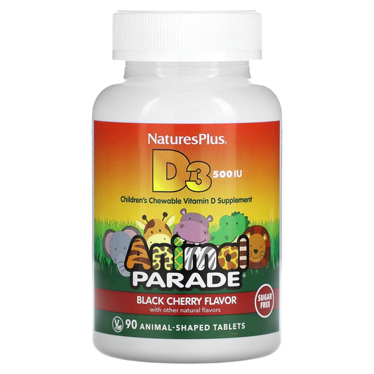 NaturesPlus, Animal Parade, Vitamin D3, Sugar Free, Black Cherry, 12.5 mcg (500 IU), 90 Animal-Shaped Tablets - Image 1