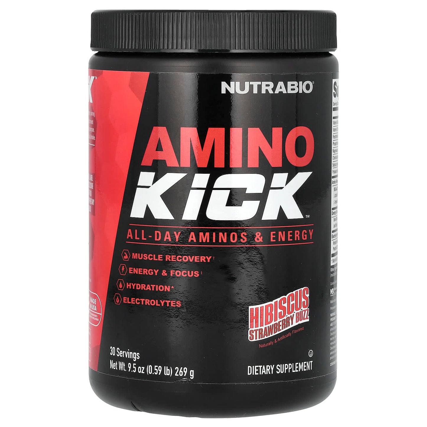 NutraBio, Amino Kick, Hibiscus Strawberry Buzz, 0.59 lb (269 g) - Image 1
