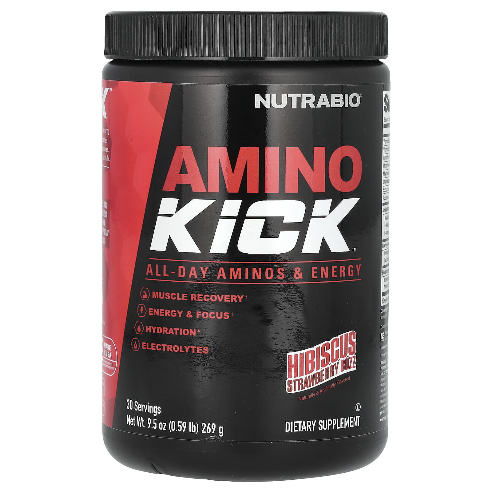 NutraBio, Amino Kick, Hibiscus Strawberry Buzz, 0.59 lb (269 g) - Image 1