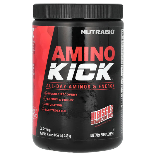 NutraBio, Amino Kick, Hibiscus Strawberry Buzz, 0.59 lb (269 g) - Image 1