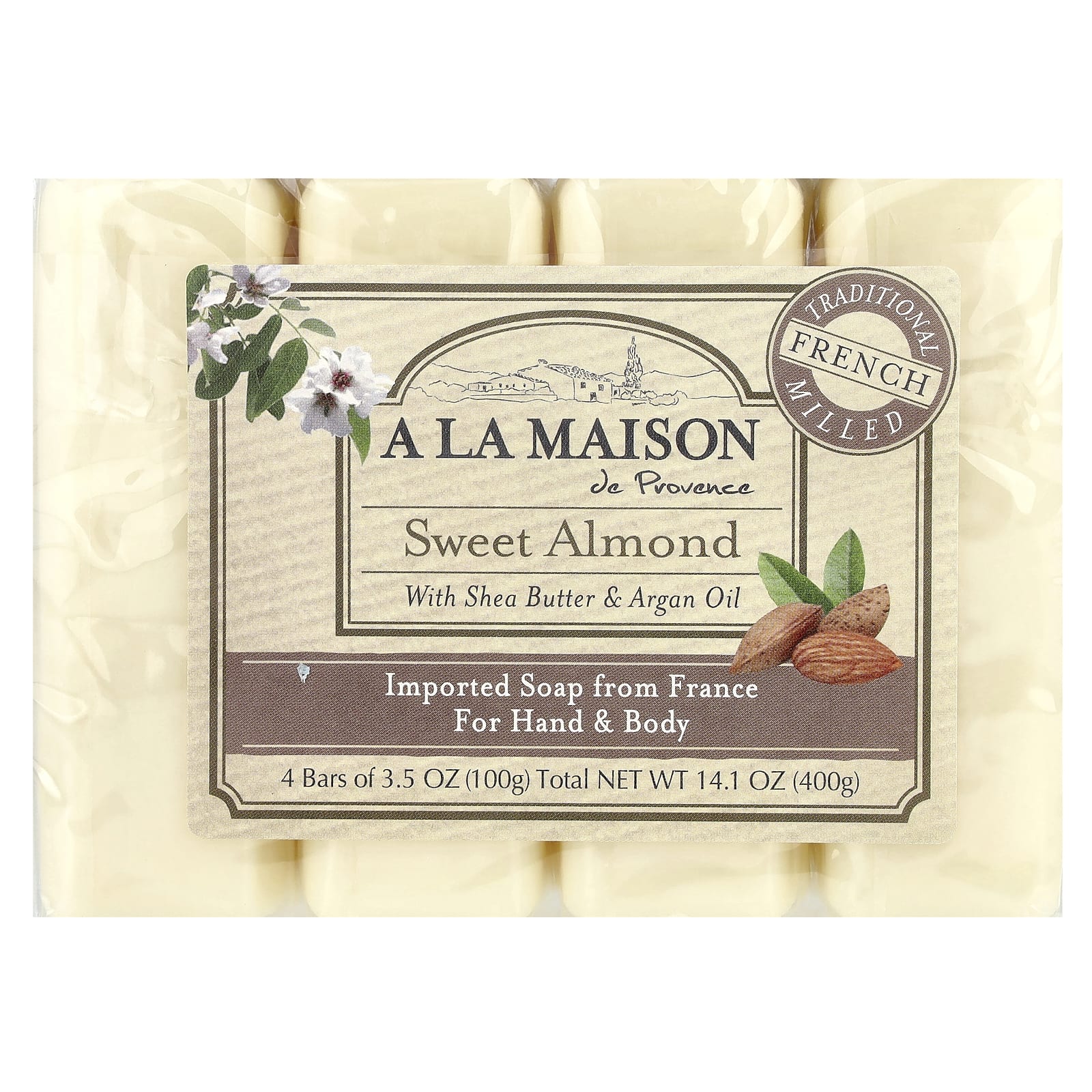 French Milled Soap Bars, Hand & Body, 4x3.5 oz, Shea Butter & Argan Oil - Image 1