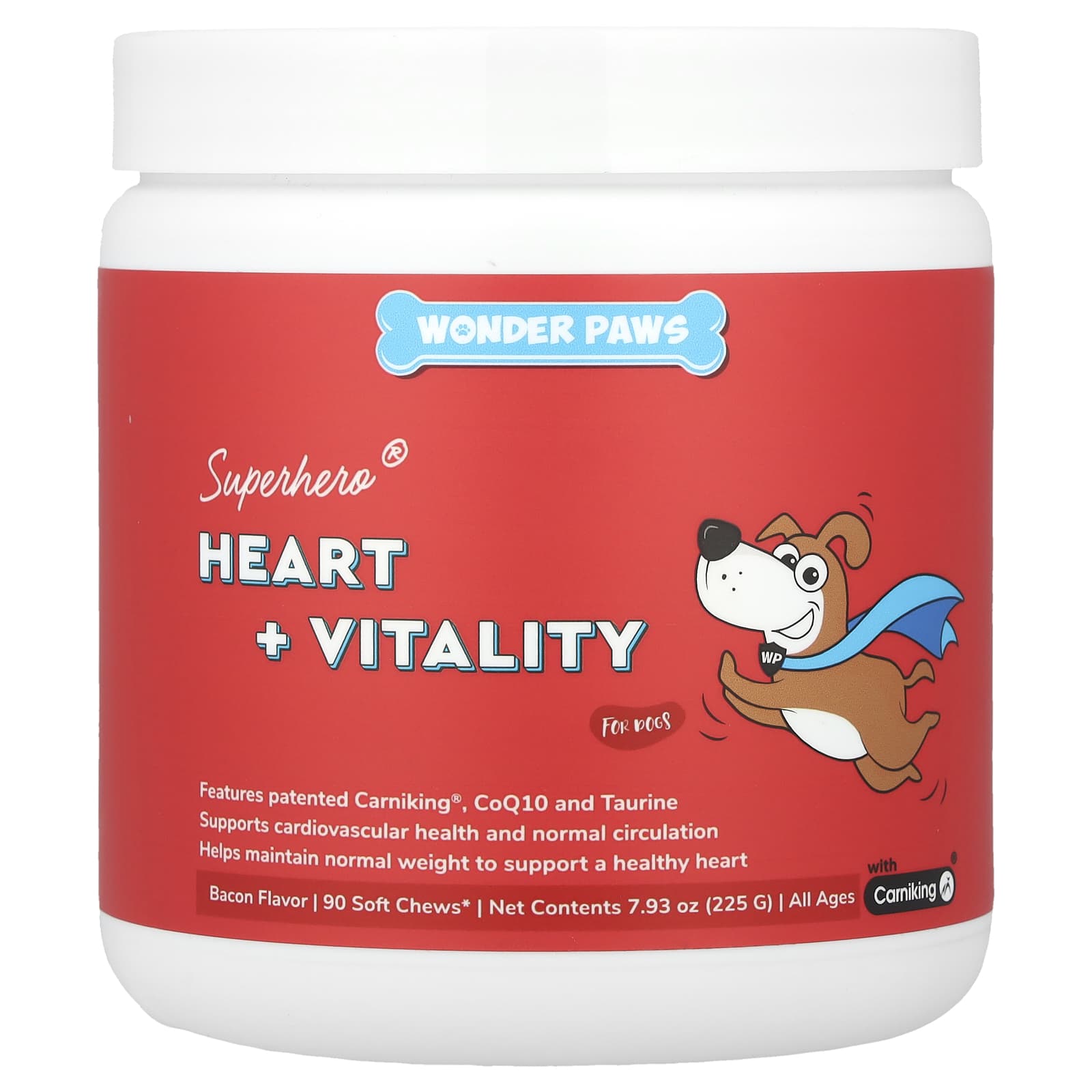 Wonder Paws, Superhero® Heart + Vitality Chews, For Dogs, All Ages, Bacon, 90 Soft Chews, 7.93 oz (225 g) - Image 1