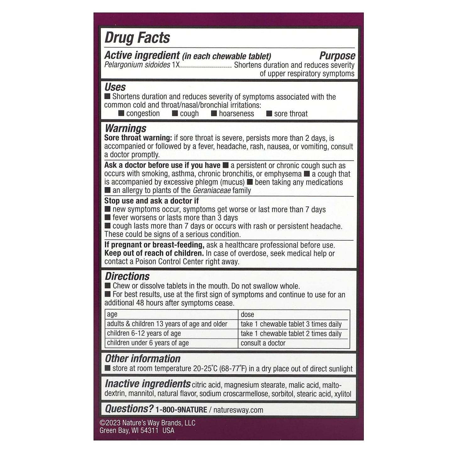 Nature's Way, Umcka, Kids Cold Relief, Non-Drowsy, For Ages 6+, Cherry , 10 Chewable Tablets