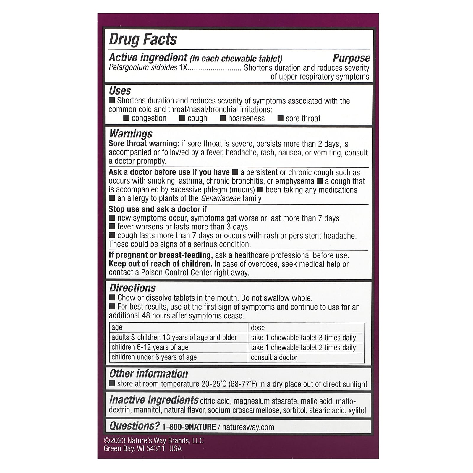 Nature's Way, Umcka, Kids Cold Relief, Non-Drowsy, For Ages 6+, Cherry , 10 Chewable Tablets
