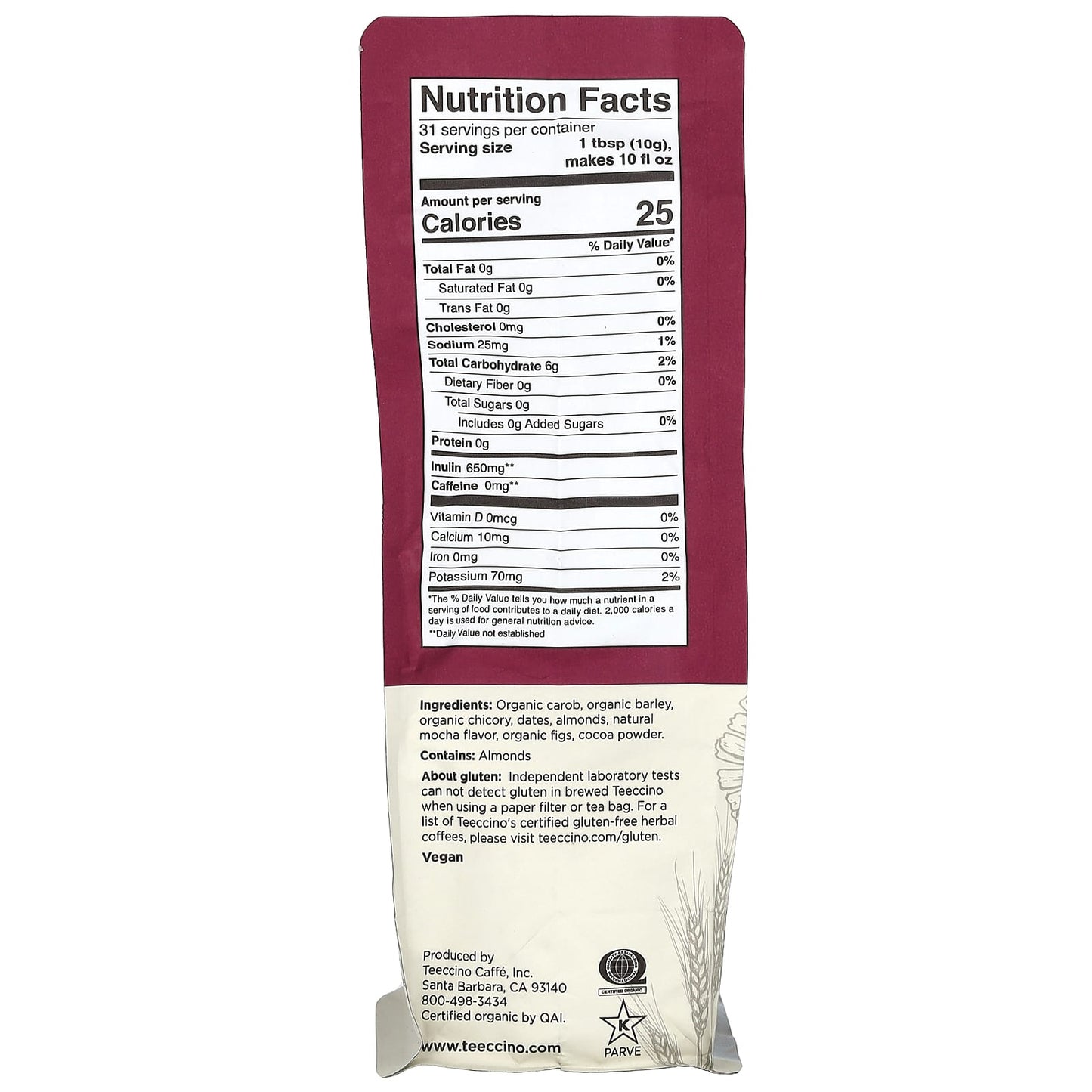 Teeccino, Chicory Herbal Coffee, Mocha, Medium Roast, Caffeine Free, 11 oz (312 g) - Image 2