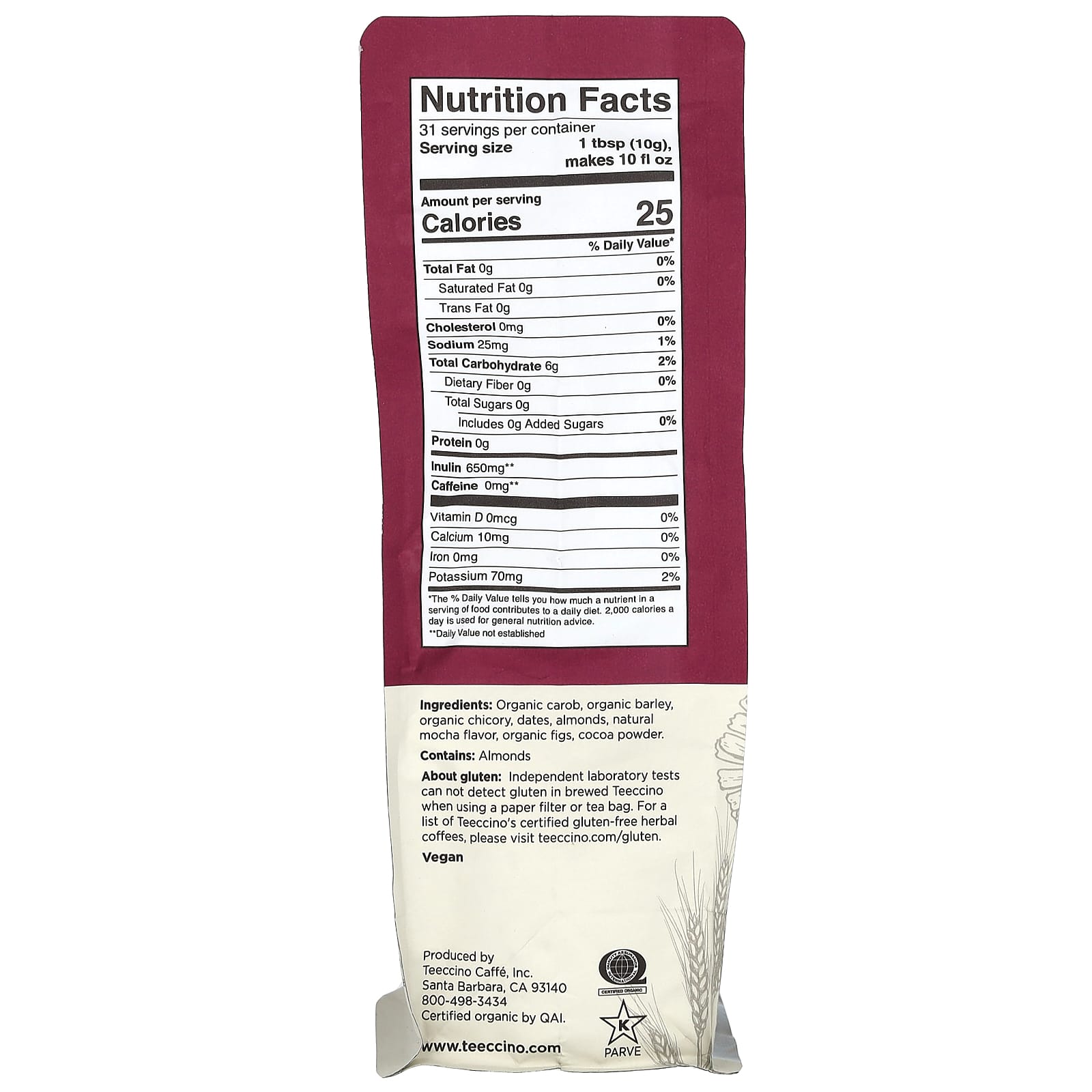 Teeccino, Chicory Herbal Coffee, Mocha, Medium Roast, Caffeine Free, 11 oz (312 g) - Image 2