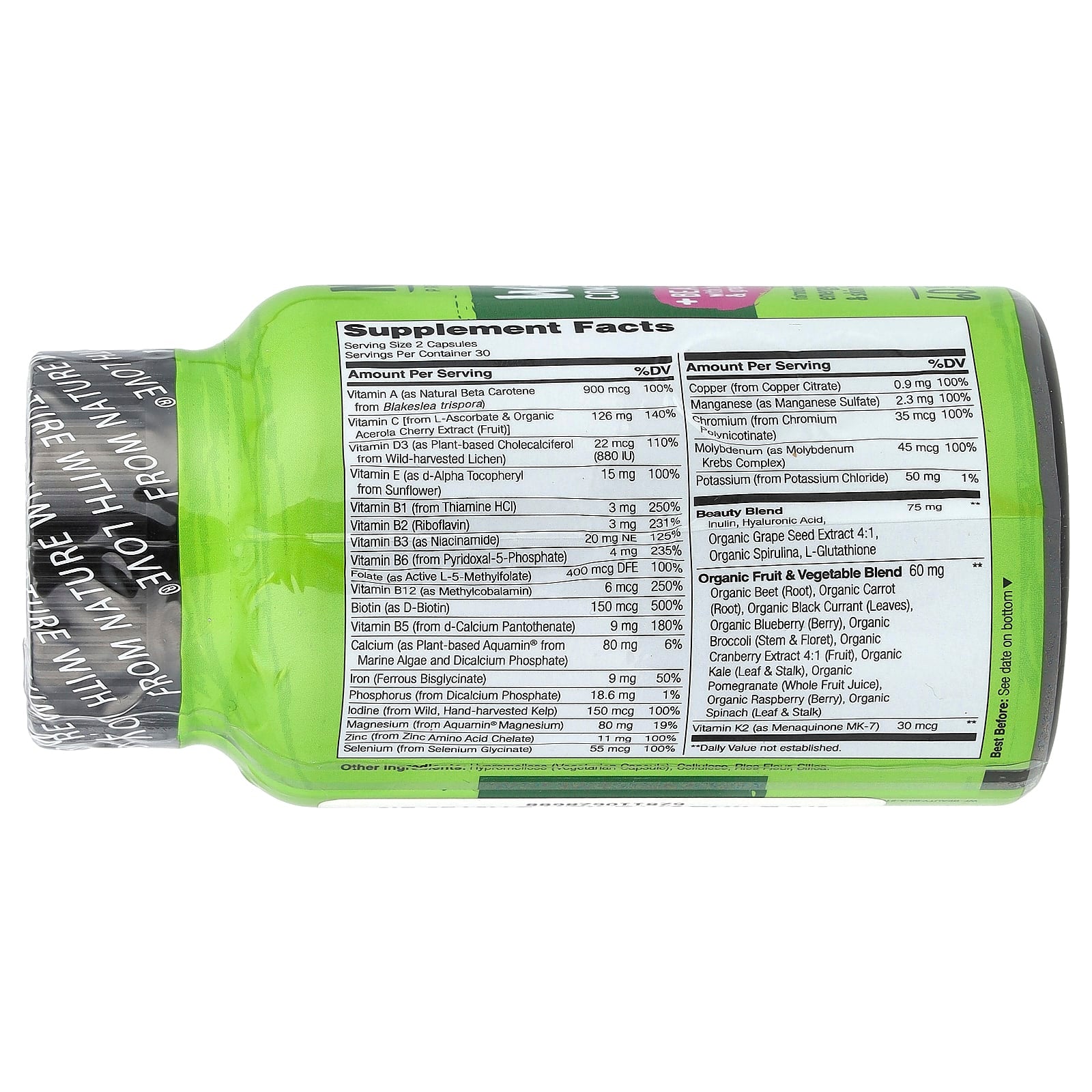 NATURELO, Whole Food Complete Multivitamin + Beauty Blend, 60 Vegetarian Capsules - Image 2