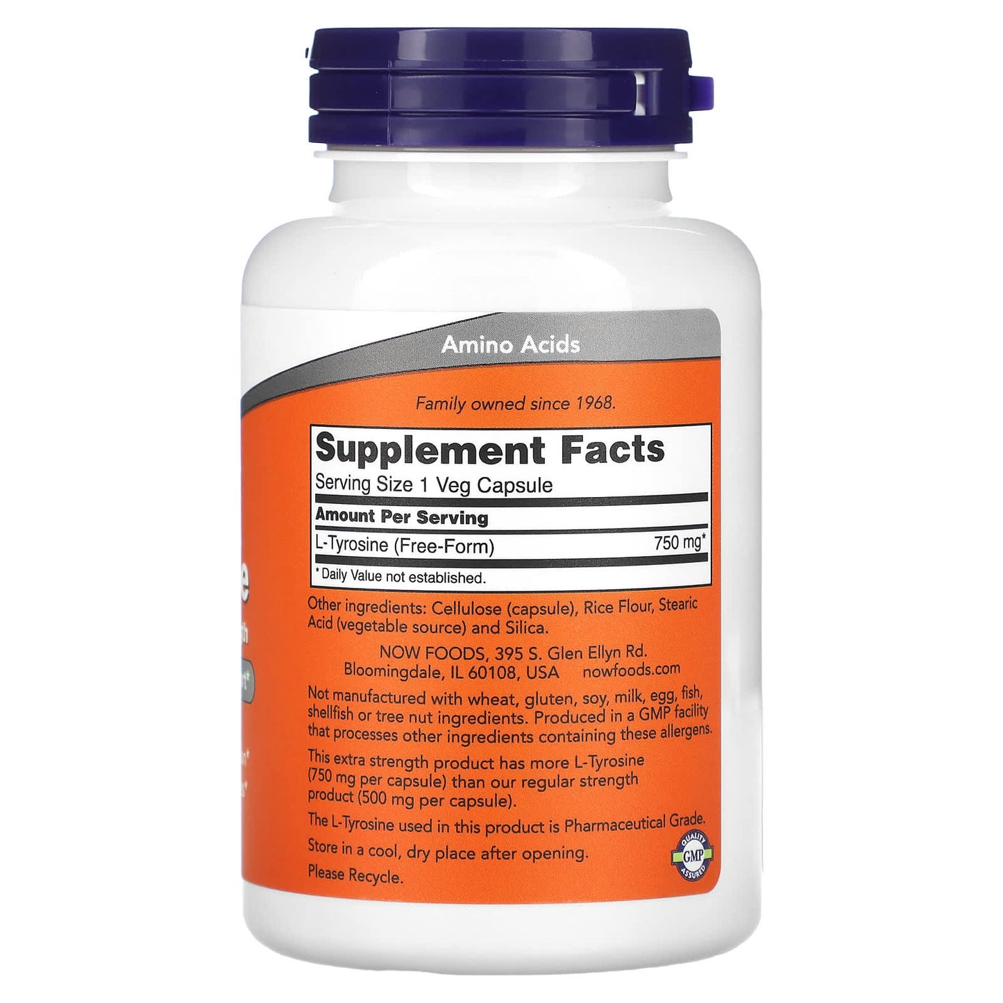 NOW Foods, L-Tyrosine, Extra Strength, 750 mg, 90 Veg Capsules - Image 2