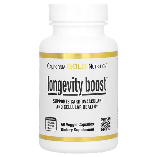 California Gold Nutrition, Longevity Boost with trans-Resveratrol, Olive Leaf Extract, Grape Extract Blend and Medium Chain Triglycerides, 60 Veggie Capsules