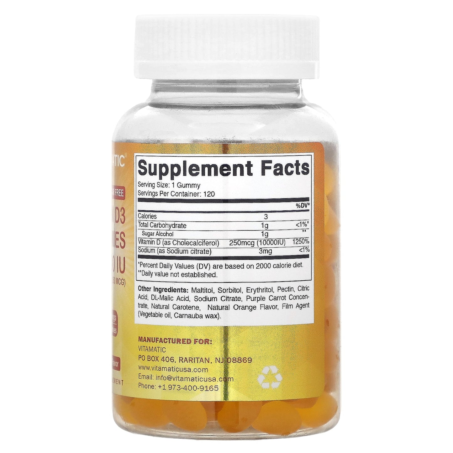 Vitamatic, Sugar Free Vitamin D3, Natural Orange, 250 mcg (10,000 IU), 120 Gummies - Image 2