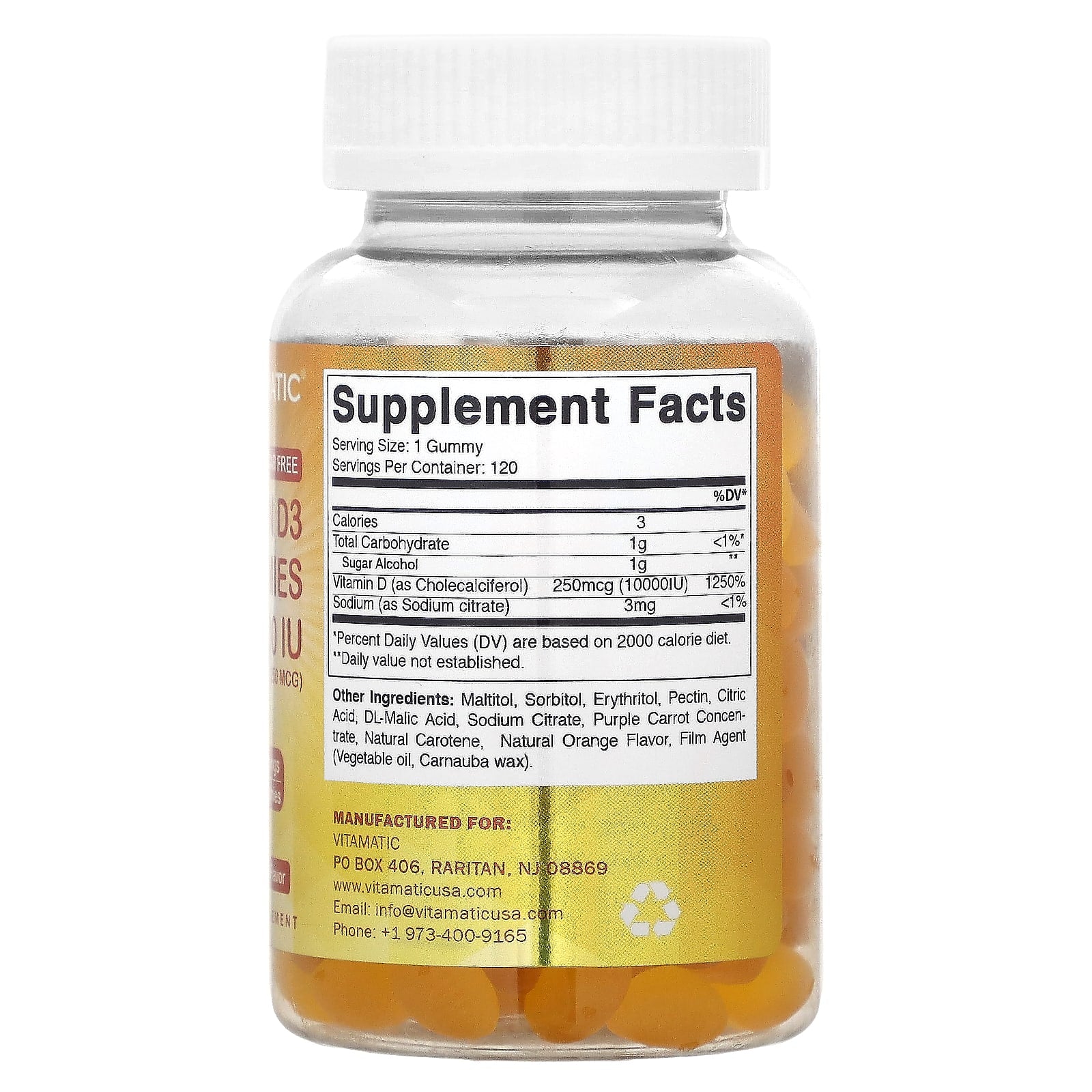 Vitamatic, Sugar Free Vitamin D3, Natural Orange, 250 mcg (10,000 IU), 120 Gummies - Image 2