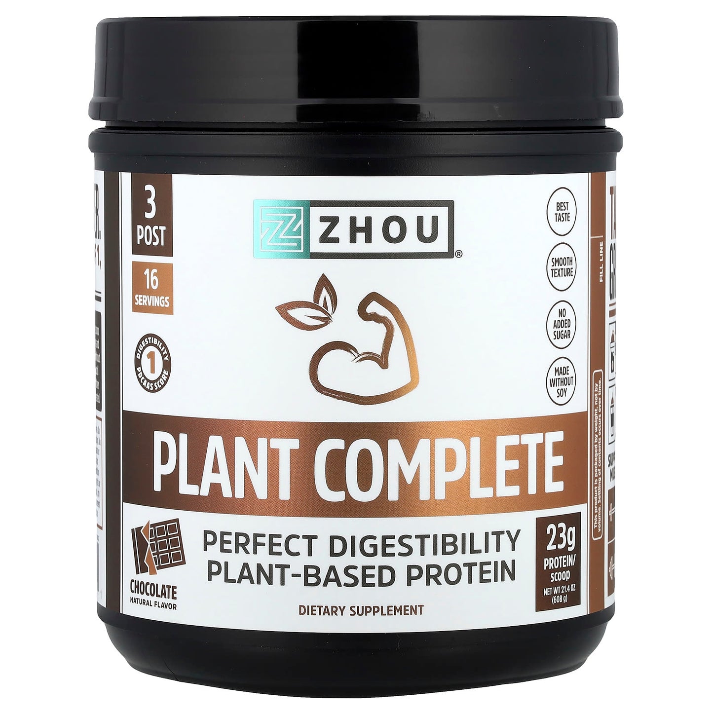 Zhou Nutrition, Plant Complete, Perfect Digestibility Plant-Based Protein, Chocolate, 21.4 oz (608 g) - Image 1