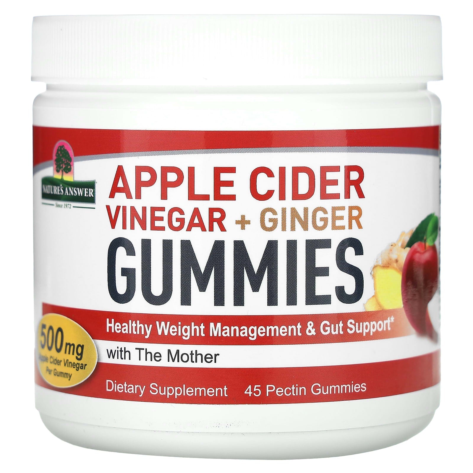 Nature's Answer, Apple Cider Vinegar + Ginger Gummies with The Mother, 500 mg, 45 Pectin Gummies - Image 1