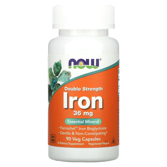 NOW Foods, Iron, Double Strength, 36 mg, 90 Veg Capsules - Image 1