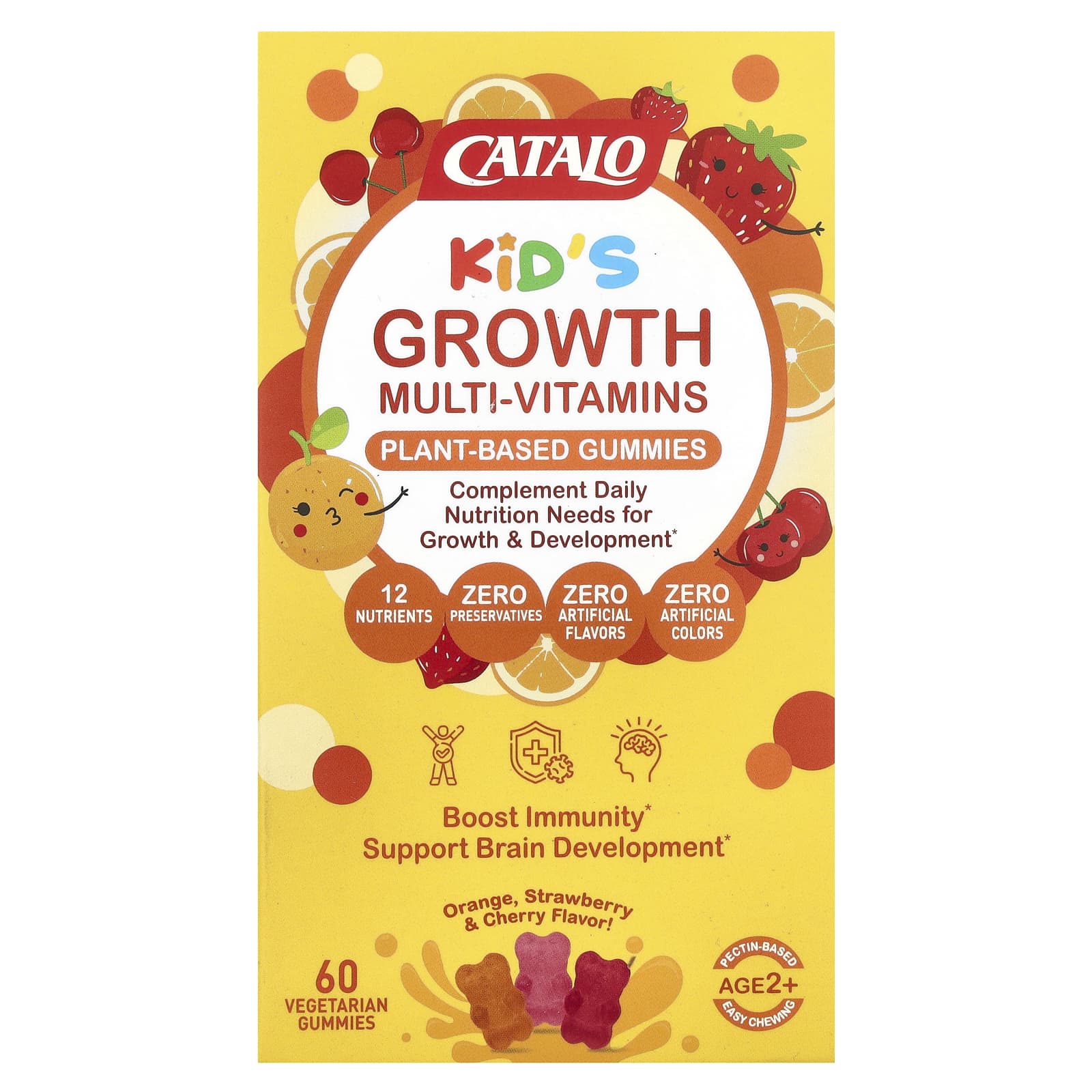 CATALO, Kids Growth Multi-Vitamins, Plant Based Gummies, Age 2+, Orange, Strawberry & Cherry, 60 Vegetarian Gummies