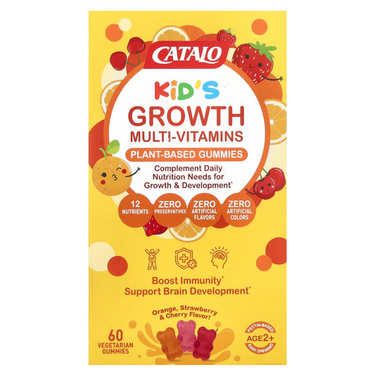 CATALO, Kids Growth Multi-Vitamins, Plant Based Gummies, Age 2+, Orange, Strawberry & Cherry, 60 Vegetarian Gummies