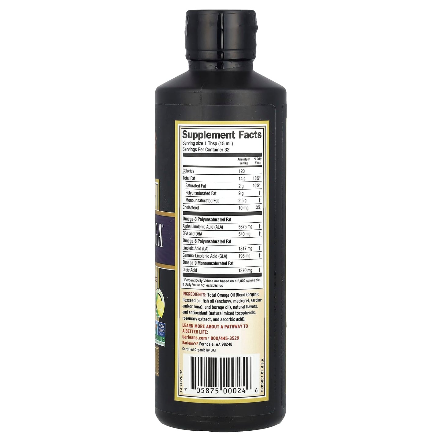 Barleans Total Omega 3 6 9 Supplement, Lemonade Flavor, 16 fl oz - Image 2