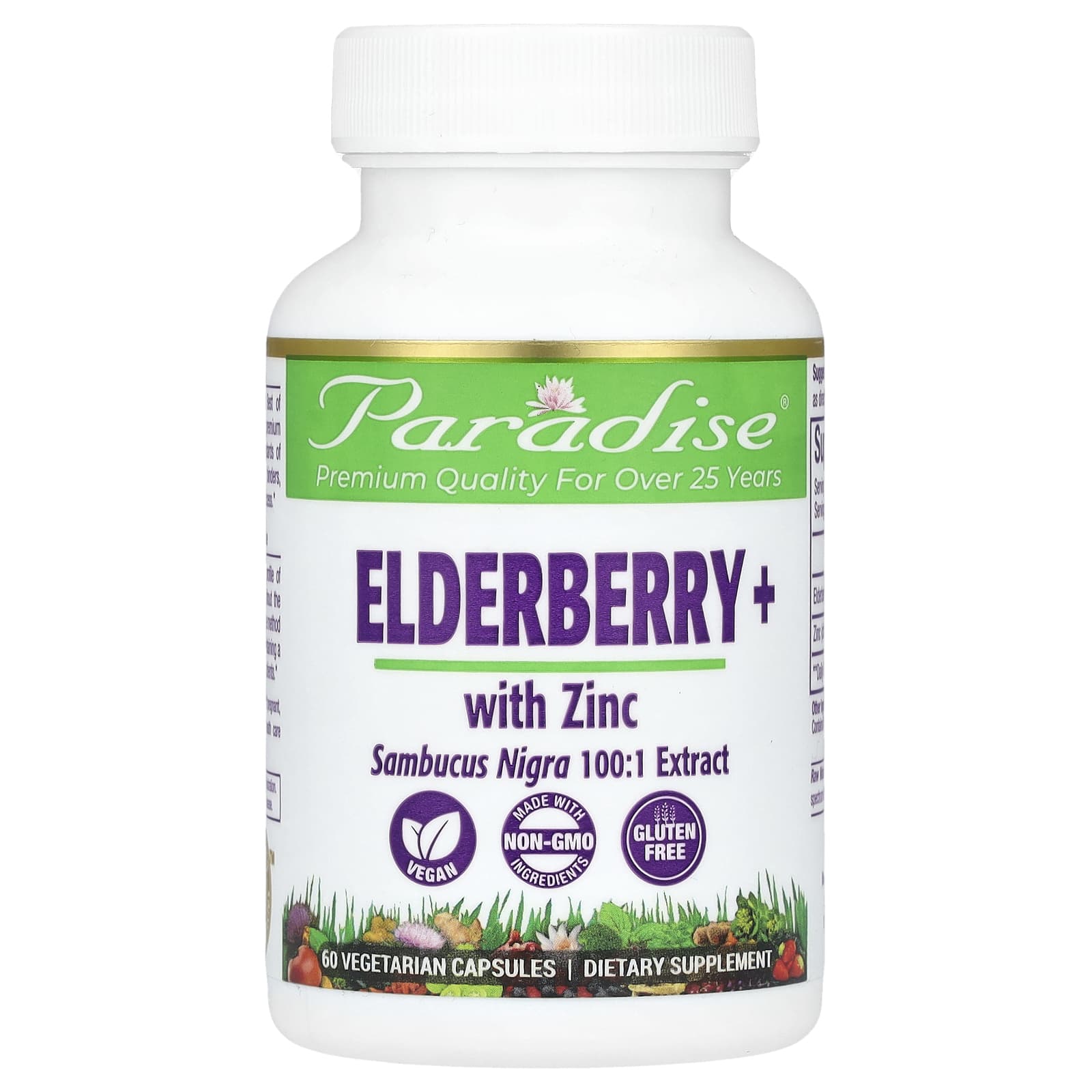 Paradise Herbs, Elderberry+ with Zinc, 60 Vegetarian Capsules - Image 1