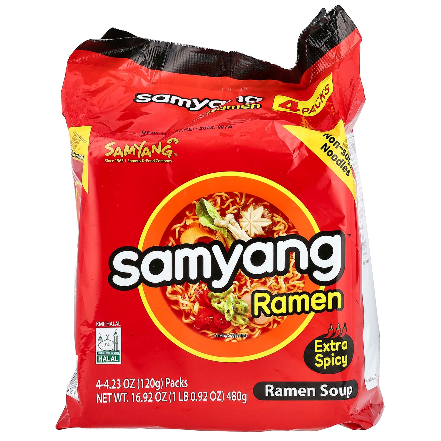Samyang, Ramen Soup, Extra Spicy, 4 Packs, 4.23 oz (120 g) Each - Image 1
