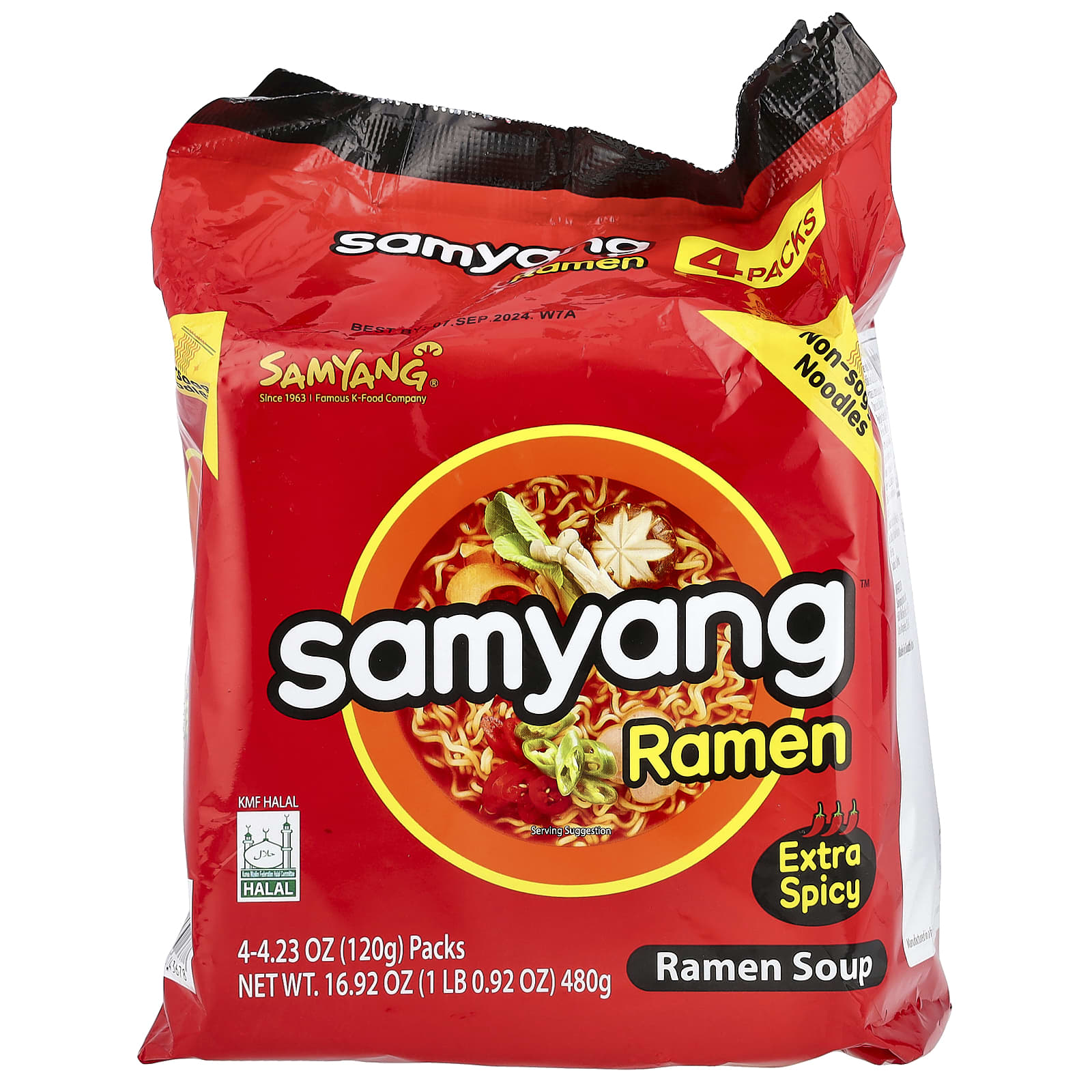 Samyang, Ramen Soup, Extra Spicy, 4 Packs, 4.23 oz (120 g) Each - Image 1