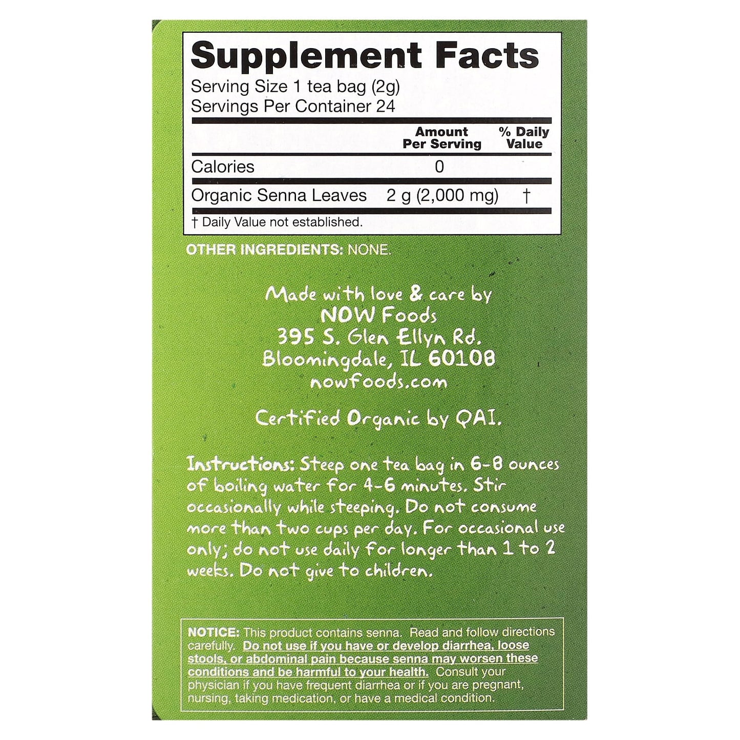NOW Foods, Real Tea, Organic Senna, Caffeine-Free, 24 Tea Bags, 1.7 oz (48 g) - Image 2