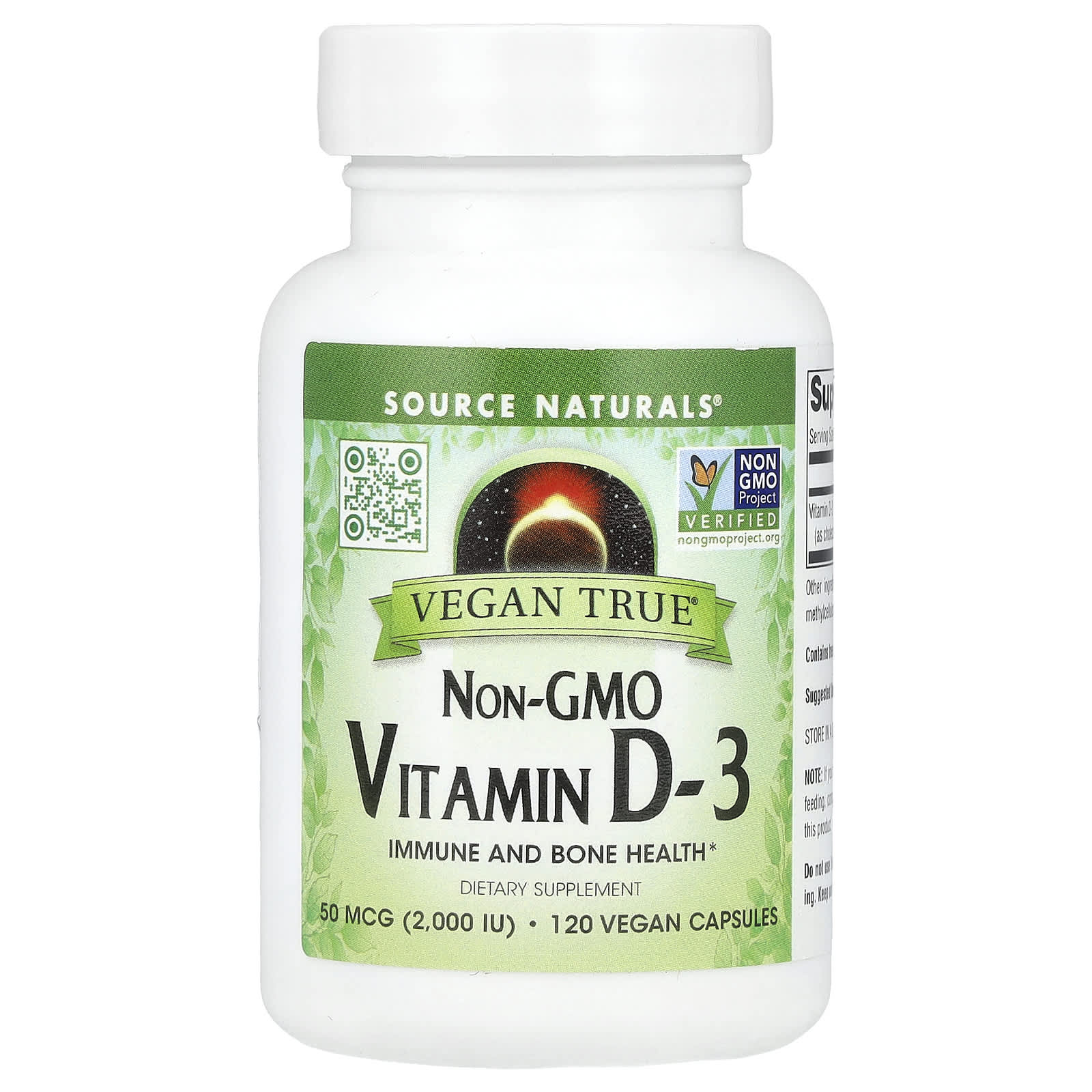 Source Naturals, Vegan True®, Non-GMO Vitamin D-3, 50 mcg (2,000 IU), 120 Vegan Capsules - Image 1