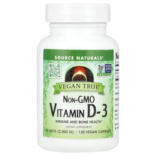 Source Naturals, Vegan True®, Non-GMO Vitamin D-3, 50 mcg (2,000 IU), 120 Vegan Capsules - Image 1