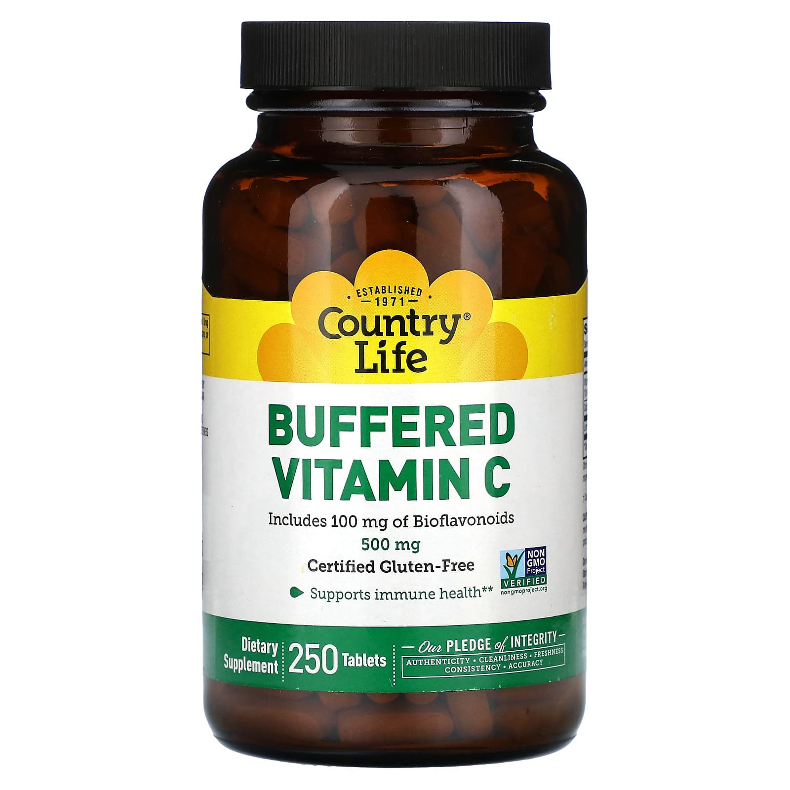 Country Life Buffered Vitamin C 500mg, 250 Tablets for Immune Support - Image 1