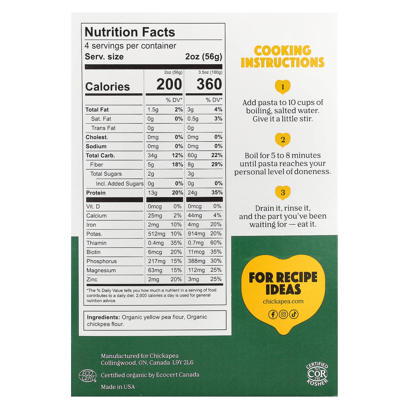 High-Protein Organic Pasta Shells by Chickapea, 8 oz (227 g) - Image 2