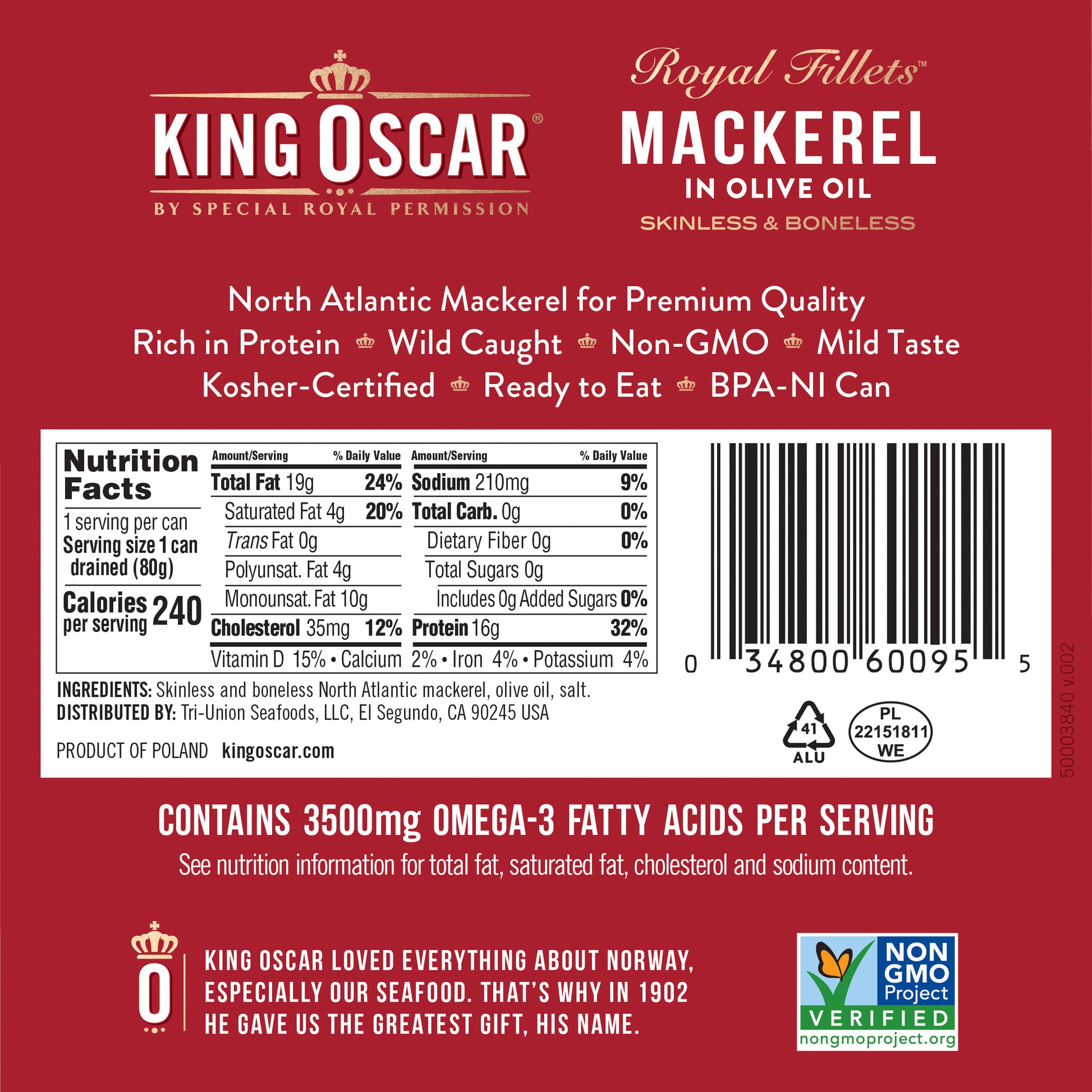 King Oscar, Royal Fillets, Mackerel in Olive Oil, 4.05 oz (115 g) - Image 2