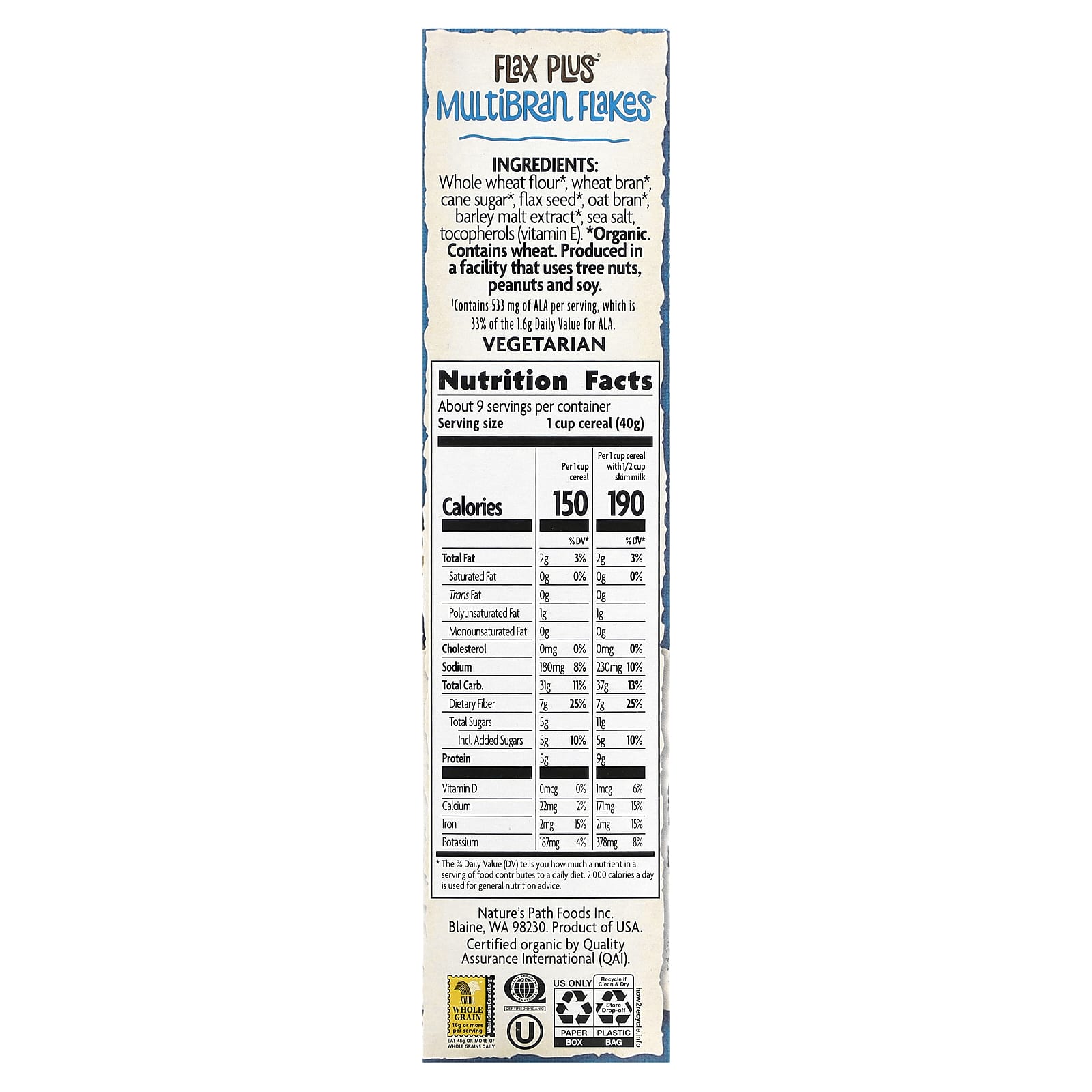 Nature's Path, Organic, Flax Plus Multibran Flakes Cereal, 13.25 oz (375 g) - Image 2